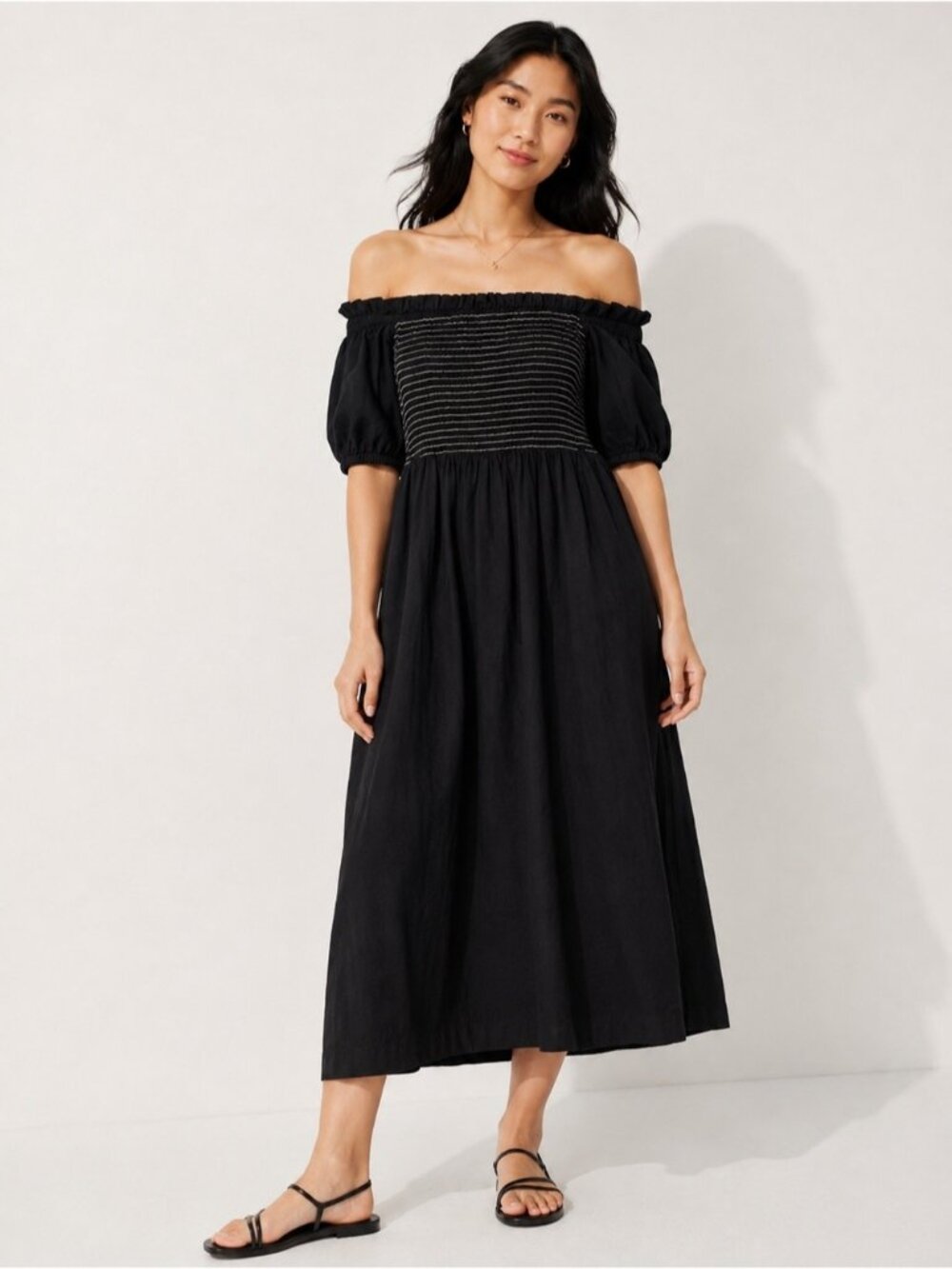Old Navy Black Off-the-Shoulder Smocked Midi Dress
